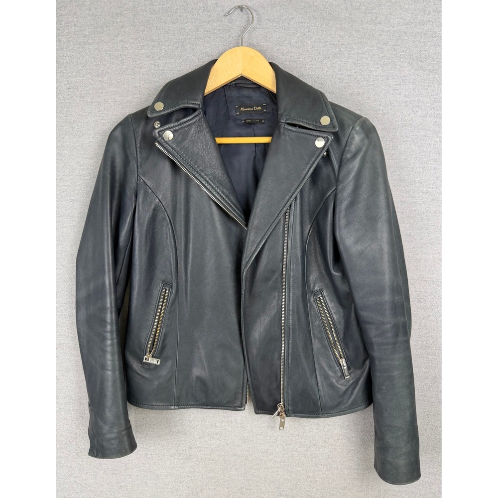 Massimo Dutti Womens Black Leather‎ Biker Moto Jacket XS Asymmetrical Zip